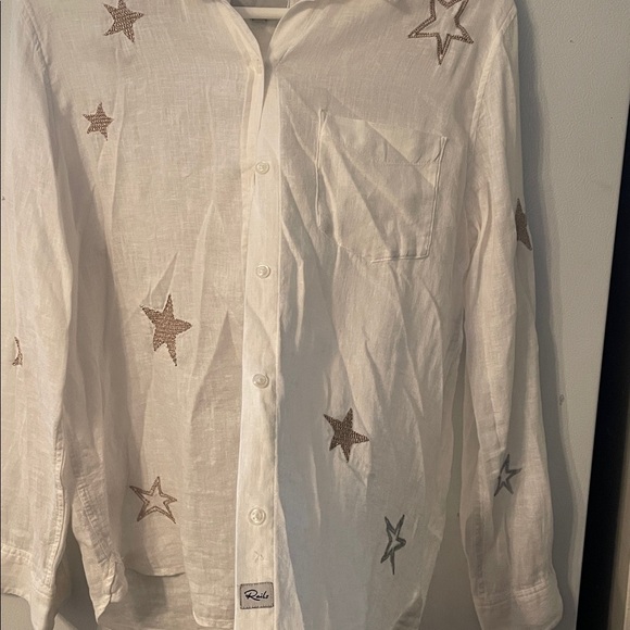 Rails Small Charli White Rose Gold Star Embroidered Shirt Linen Blend Button Up - Picture 4 of 9